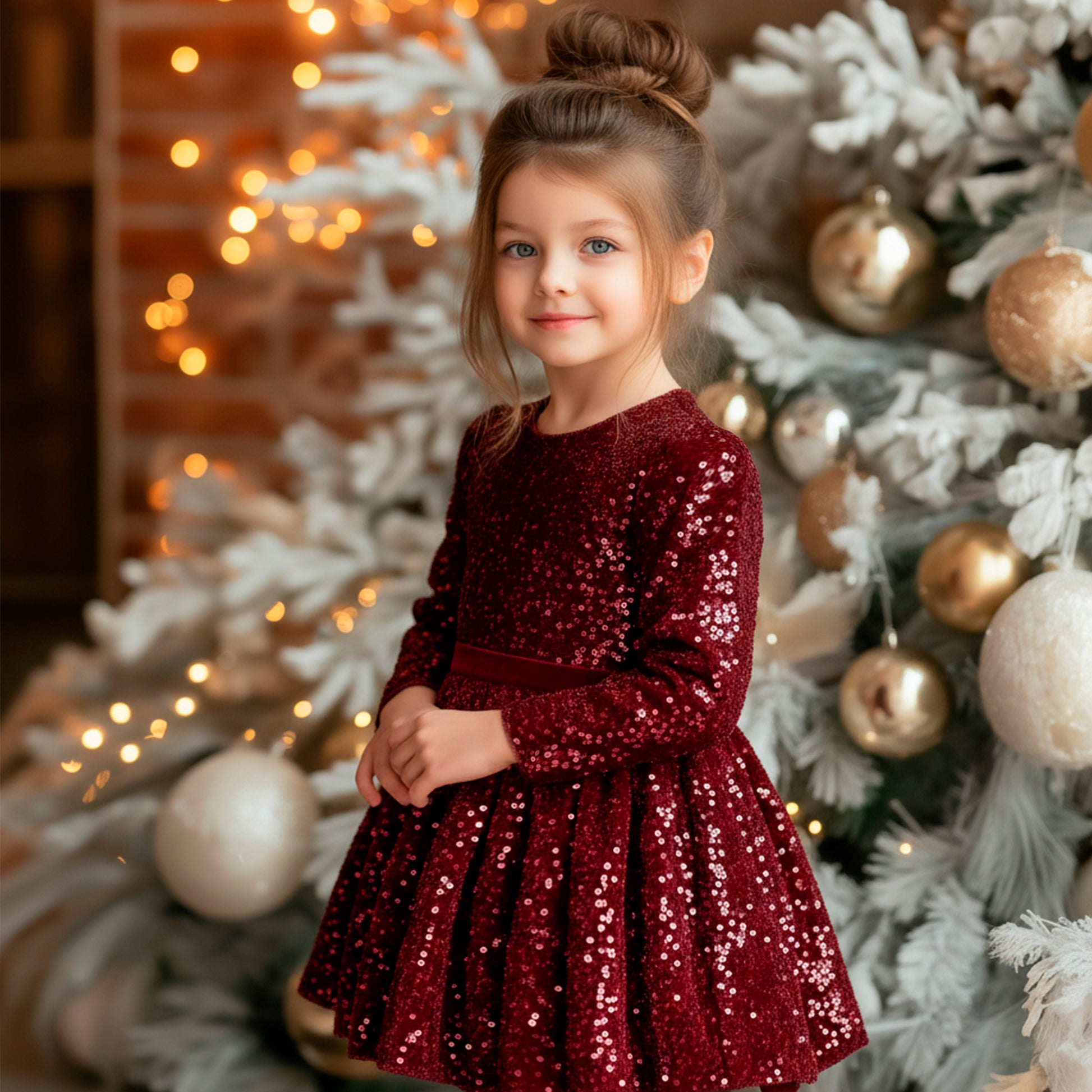 Sparkle Christmas Girls Dress: Burgundy Red Velvet Sequined Gown, Xmas Holiday Party Kids & Toddler Elegant Outfit for Special Occasion