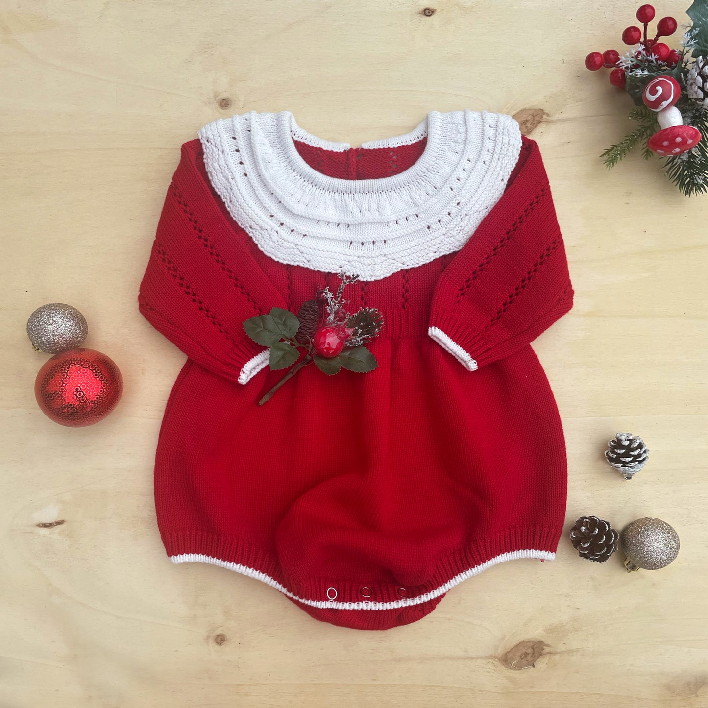 Red Christmas baby romper for Newborn girl and Toddler, Xmas holiday baby outfit for Family photo, Winter Knitted Christmas sweater cotton