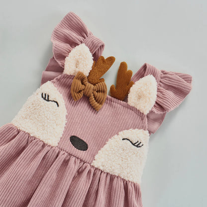 Pink Baby Girl Velvet Dress Apron, Xmas Deer Toddler Outfit, Forest Woodland Birthday