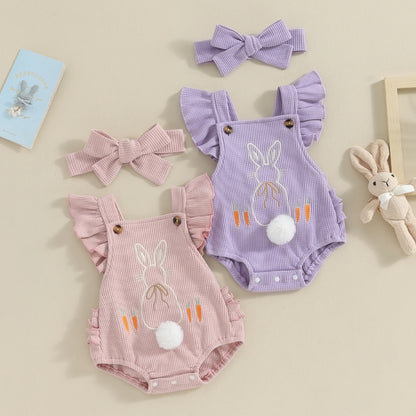 Cute Easter Baby Girls Romper with Little Bunny Rabbit, Newborn Ruffle Bodysuit with Headband