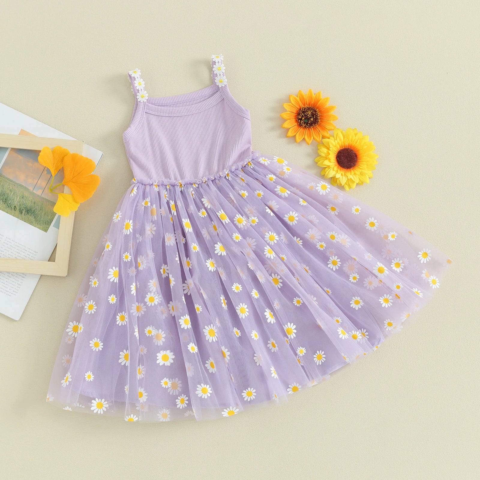 Mesh Tulle Daisy Sundress for Toddler Girl, Sleeveless Summer Birthday Party Dress, Baby Clothes