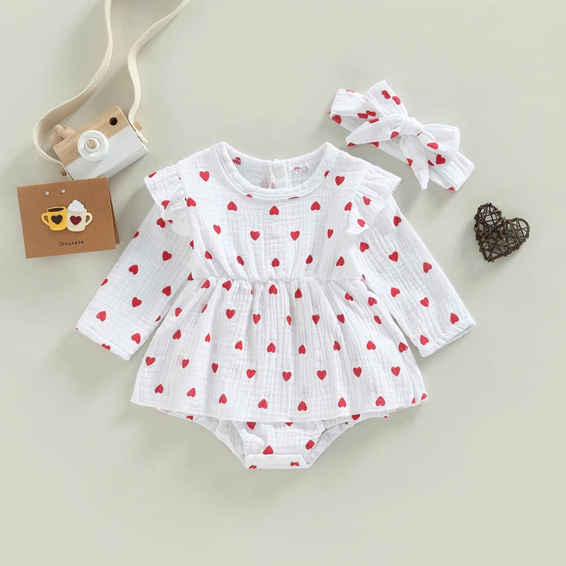 Baby Girl Valentine's Day Romper of Soft Muslin Cotton, Infant Dress Long Sleeve with Headband