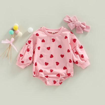 XOXO Pink Heart Baby Girl Romper with Headband for First Valentines Day