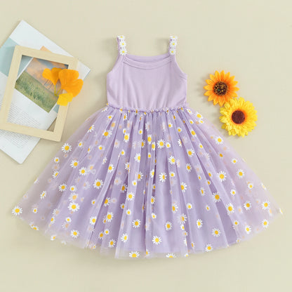 Mesh Tulle Daisy Sundress for Toddler Girl, Sleeveless Summer Birthday Party Dress, Baby Clothes