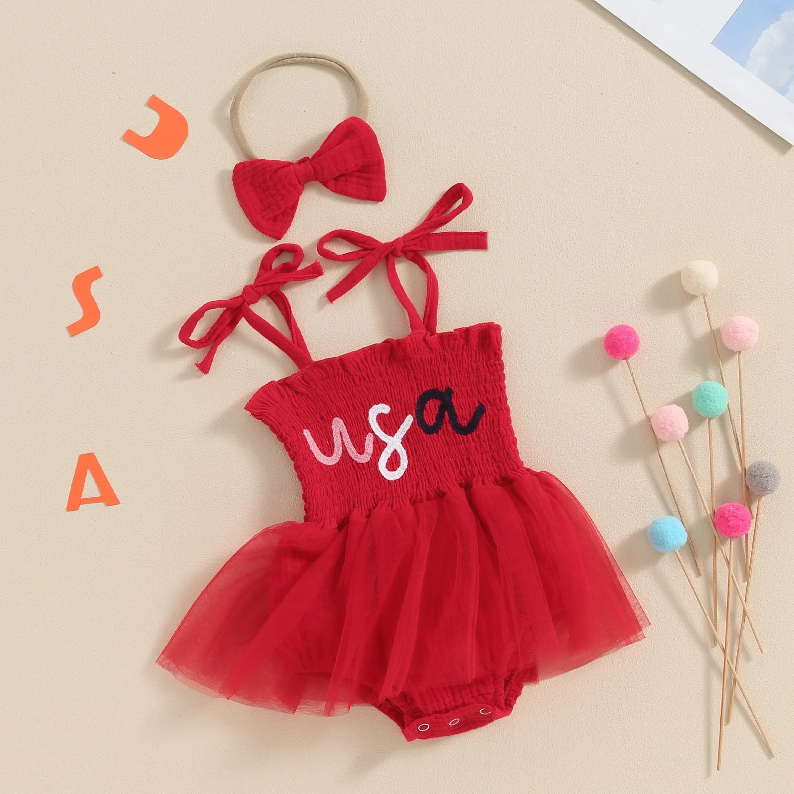 First Independence Day Baby Girl Dress Romper, Summer Tulle Dress + Headband for 4th of July Photoshoot