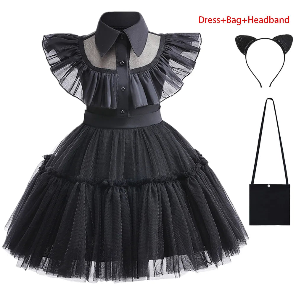 Wednesday Addams Dance Short Dress with wig, Cosplay Black Birthday or Halloween Toddler Girls Costume