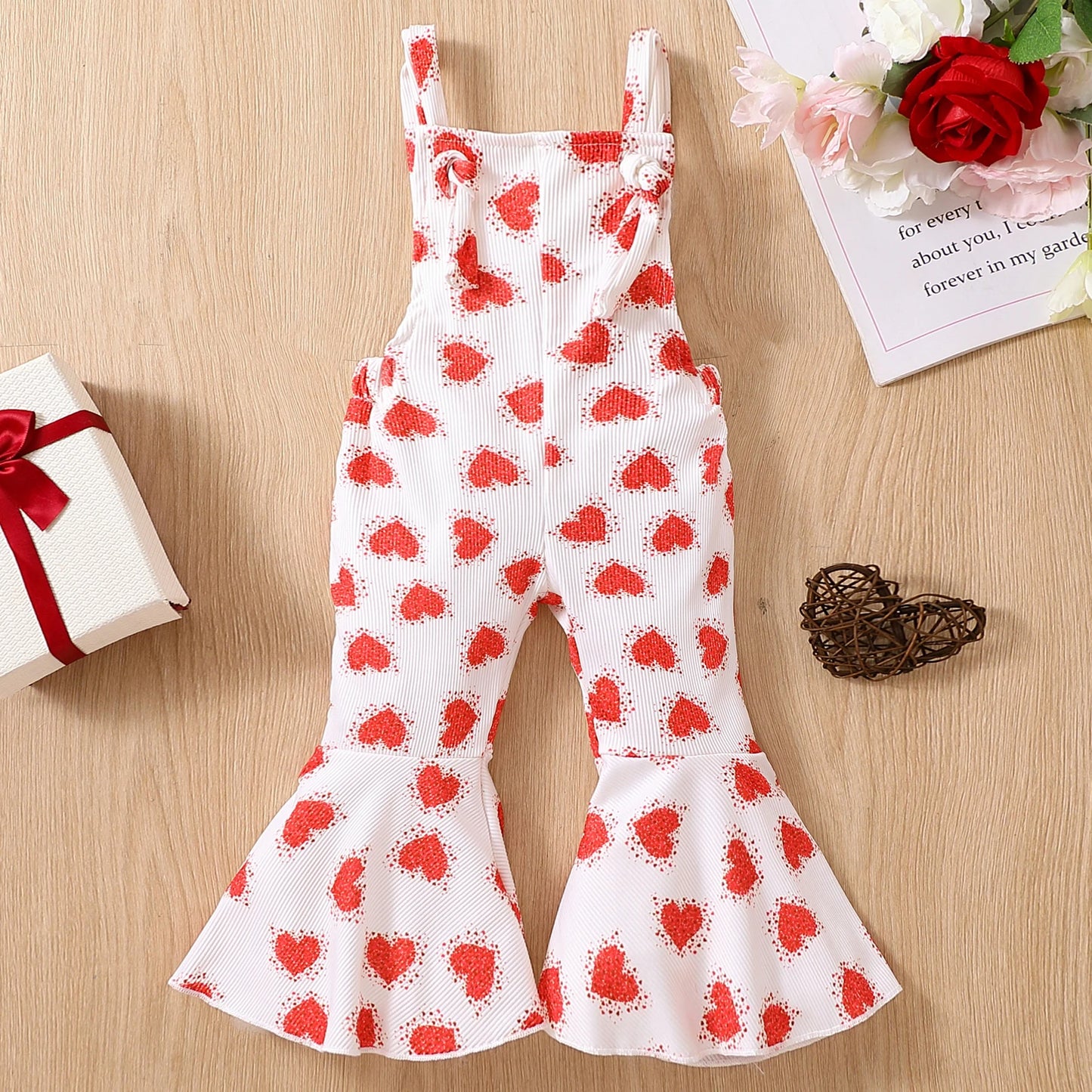 Bell Bottoms Baby Girl Overall with Hearts Print, Valentine's Day Outfit for Toddler and Kids