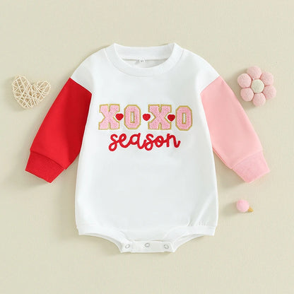 Newborn Infant Baby Girl Valentine Day Romper Clothes Fuzzy Letter Embroidery Round Neck Long Sleeve Sweatshirt Jumpsuit