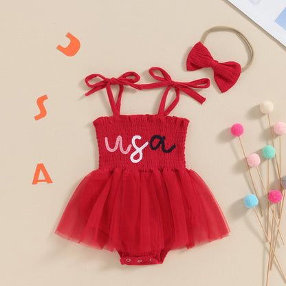 First Independence Day Baby Girl Dress Romper, Summer Tulle Dress + Headband for 4th of July Photoshoot