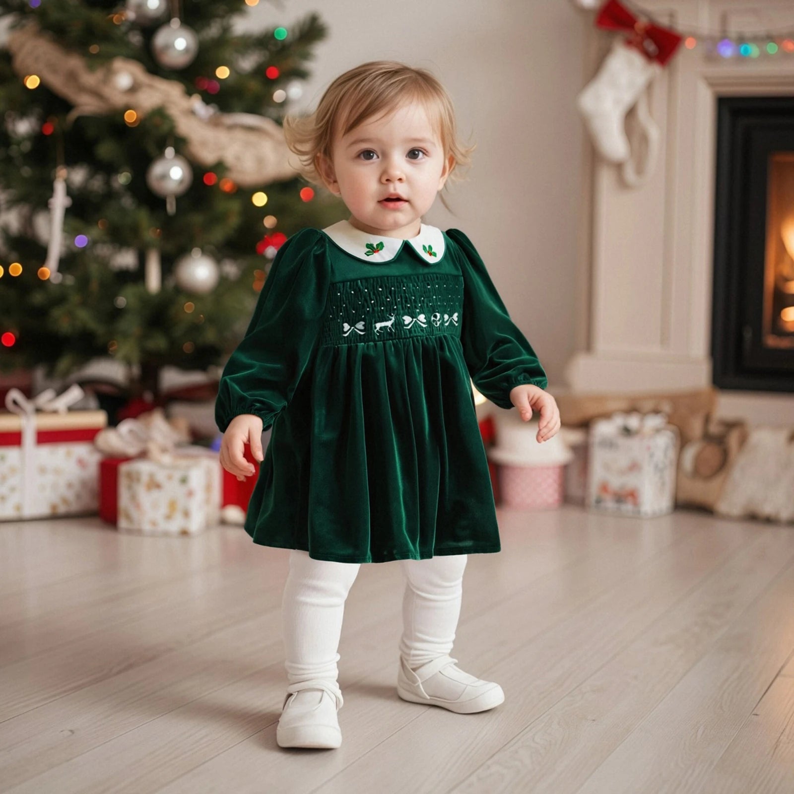 Christmas Girls Dress with Stockings: Emerald Green Velvet Smocked Retro Dress with Embroidery for Toddler Girl, Winter Xmas Holiday Outfit