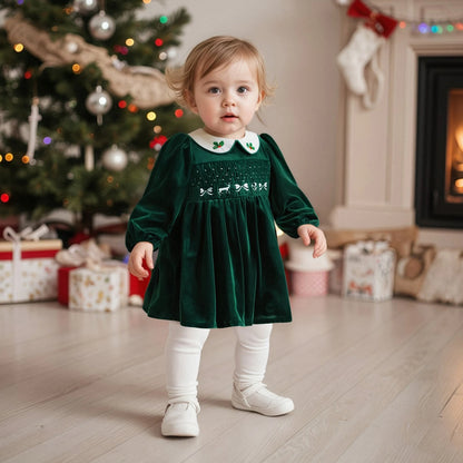 Christmas Girls Dress with Stockings: Emerald Green Velvet Smocked Retro Dress with Embroidery for Toddler Girl, Winter Xmas Holiday Outfit