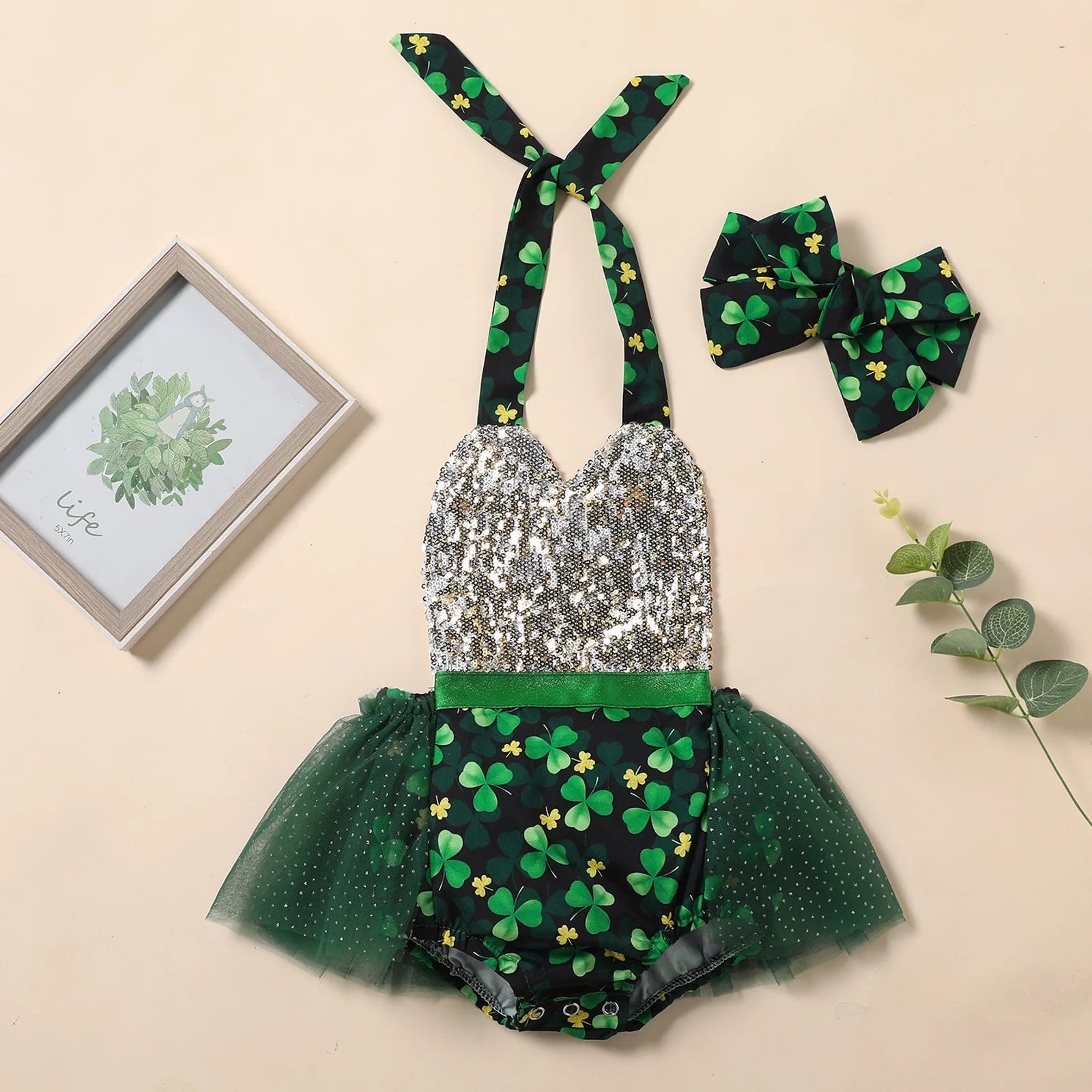 Pageant Baby Girl Romper Tutu Dress with Bow Hairband, St. Patricks Day Outfit Green Clovers