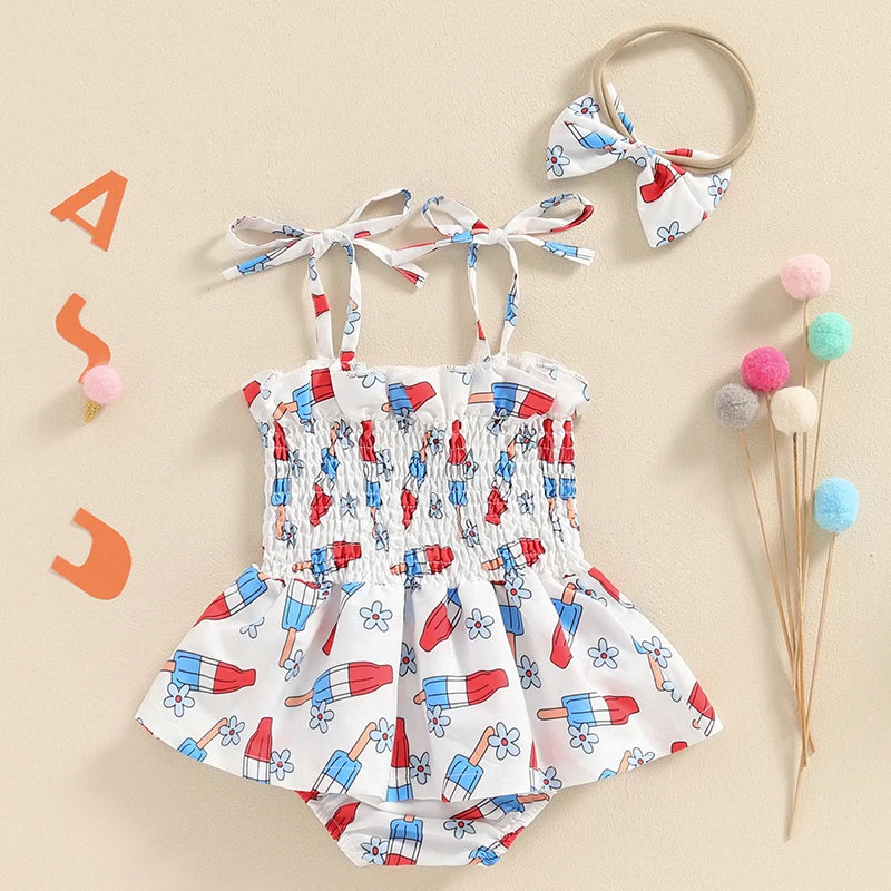 Summer Baby Girl Romper Dress with Headband for Independence Day Holiday, 4th of July Outfit Girl