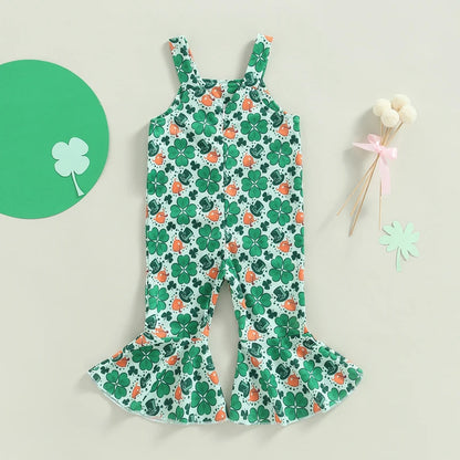 Toddler Girl Bell Bottoms Overall for St. Patrick's Day, Irish Lucky Leaf Clover Kids Flare Jumpsuit