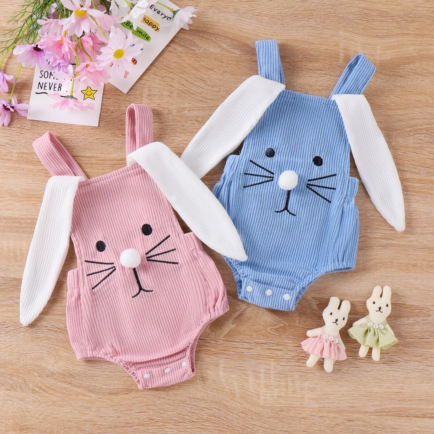 Cute Easter Bunny Baby Girls and Boys Romper, Infant Velveteen Jumpsuit for Newborn and Toddler, Pink and Blue