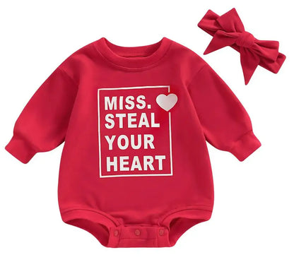 XOXO Pink Heart Baby Girl Romper with Headband for First Valentines Day