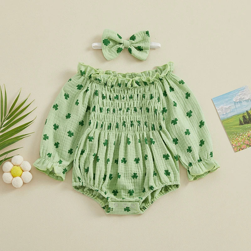 Infant Girls Romper Long Sleeve 100% Cotton, Cute Clover Print Baby Jumpsuits with Hairband for newborn and toddler