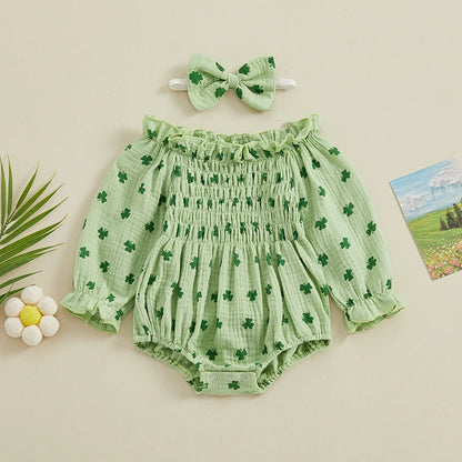 Infant Girls Romper Long Sleeve 100% Cotton, Cute Clover Print Baby Jumpsuits with Hairband for newborn and toddler