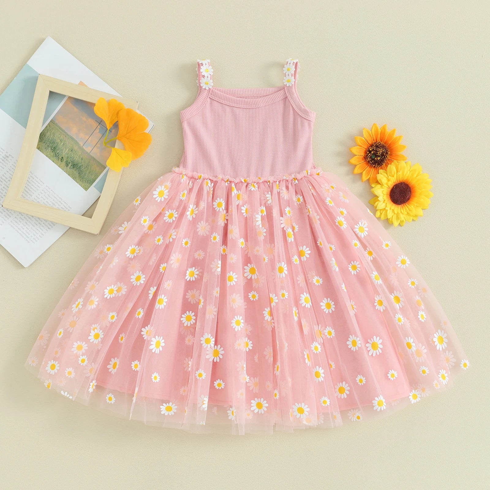 Mesh Tulle Daisy Sundress for Toddler Girl, Sleeveless Summer Birthday Party Dress, Baby Clothes