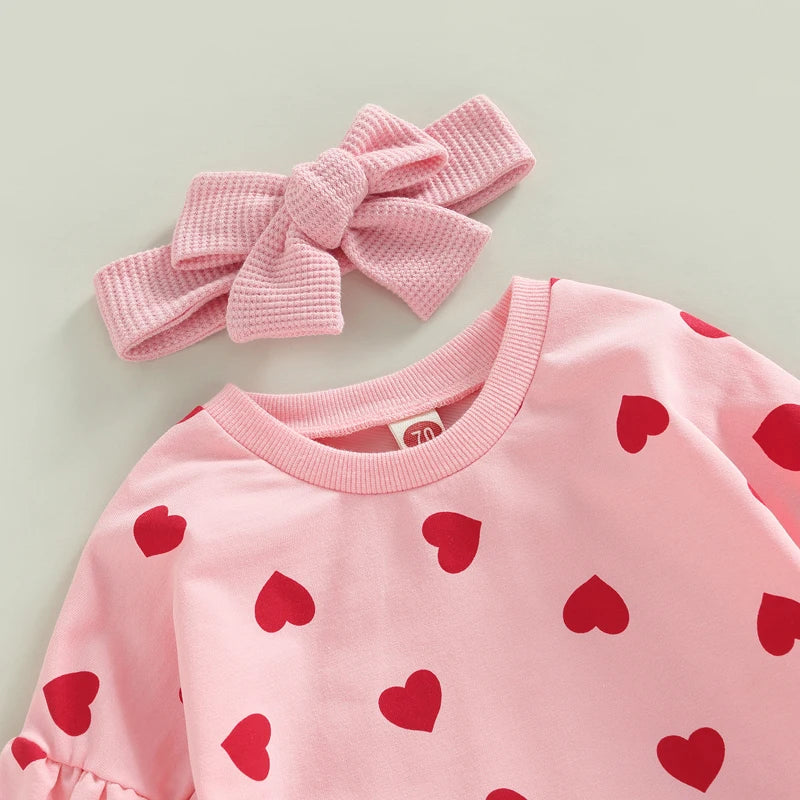 XOXO Pink Heart Baby Girl Romper with Headband for First Valentines Day