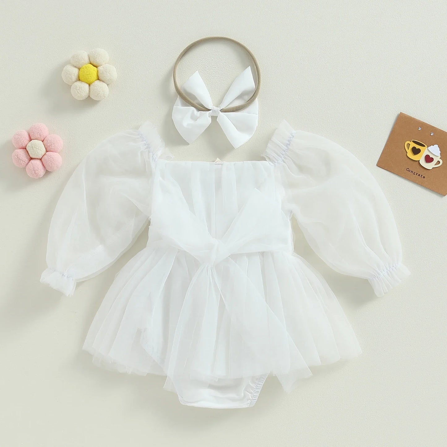 Tulle Baby Flower Girl Dress with Headband for Wedding, Baptism and Special Occasion, Newborn Toddler Girls Boho outfit white romper