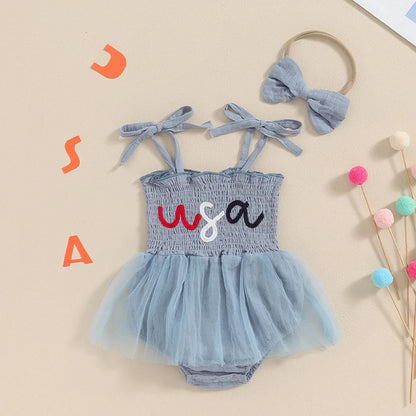 First Independence Day Baby Girl Dress Romper, Summer Tulle Dress + Headband for 4th of July Photoshoot