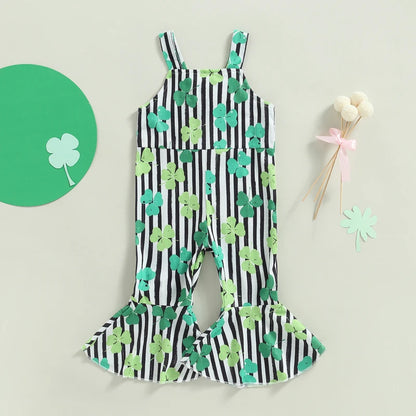 Toddler Girl Bell Bottoms Overall for St. Patrick's Day, Irish Lucky Leaf Clover Kids Flare Jumpsuit