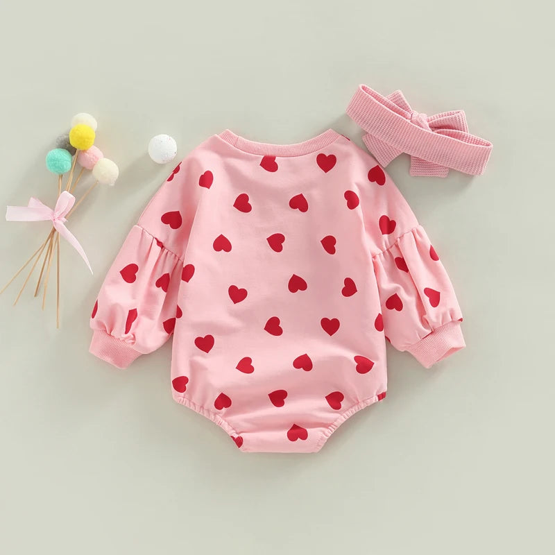 XOXO Pink Heart Baby Girl Romper with Headband for First Valentines Day