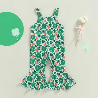 Toddler Girl Bell Bottoms Overall for St. Patrick's Day, Irish Lucky Leaf Clover Kids Flare Jumpsuit