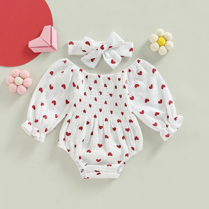 Valentines Days Baby Girl Cute Bubble Romper with Hairband, Cotton Muslin White Bodysuit Hearts