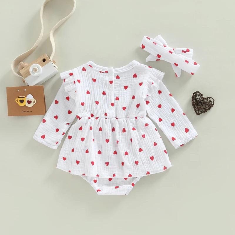 Baby Girl Valentine's Day Romper of Soft Muslin Cotton, Infant Dress Long Sleeve with Headband