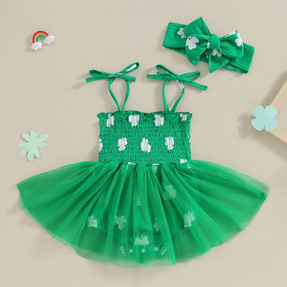 Green Baby Girl Romper with Tulle Tutu Skirt for St. Patrick's Day Newborn Photoshoot, sundress with headband