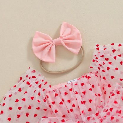 Valentine's Day Infant Outfit with Bow Headband, Long Puff Sleeve Mesh Tulle Romper Dress