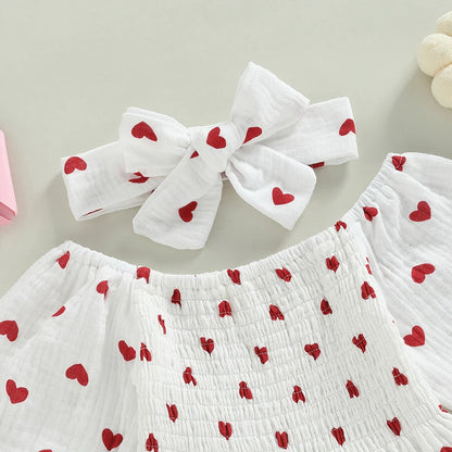 Valentines Days Baby Girl Cute Bubble Romper with Hairband, Cotton Muslin White Bodysuit Hearts