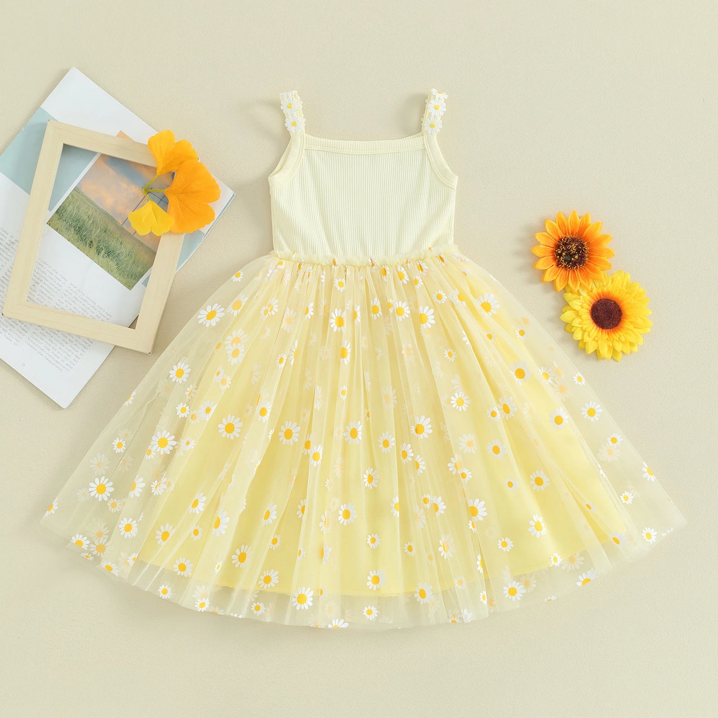 Mesh Tulle Daisy Sundress for Toddler Girl, Sleeveless Summer Birthday Party Dress, Baby Clothes