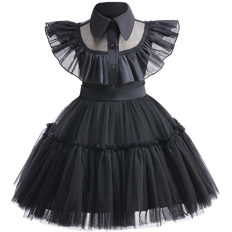 Wednesday Addams Dance Short Dress, Cosplay Black Birthday or Halloween Toddler Girls Costume