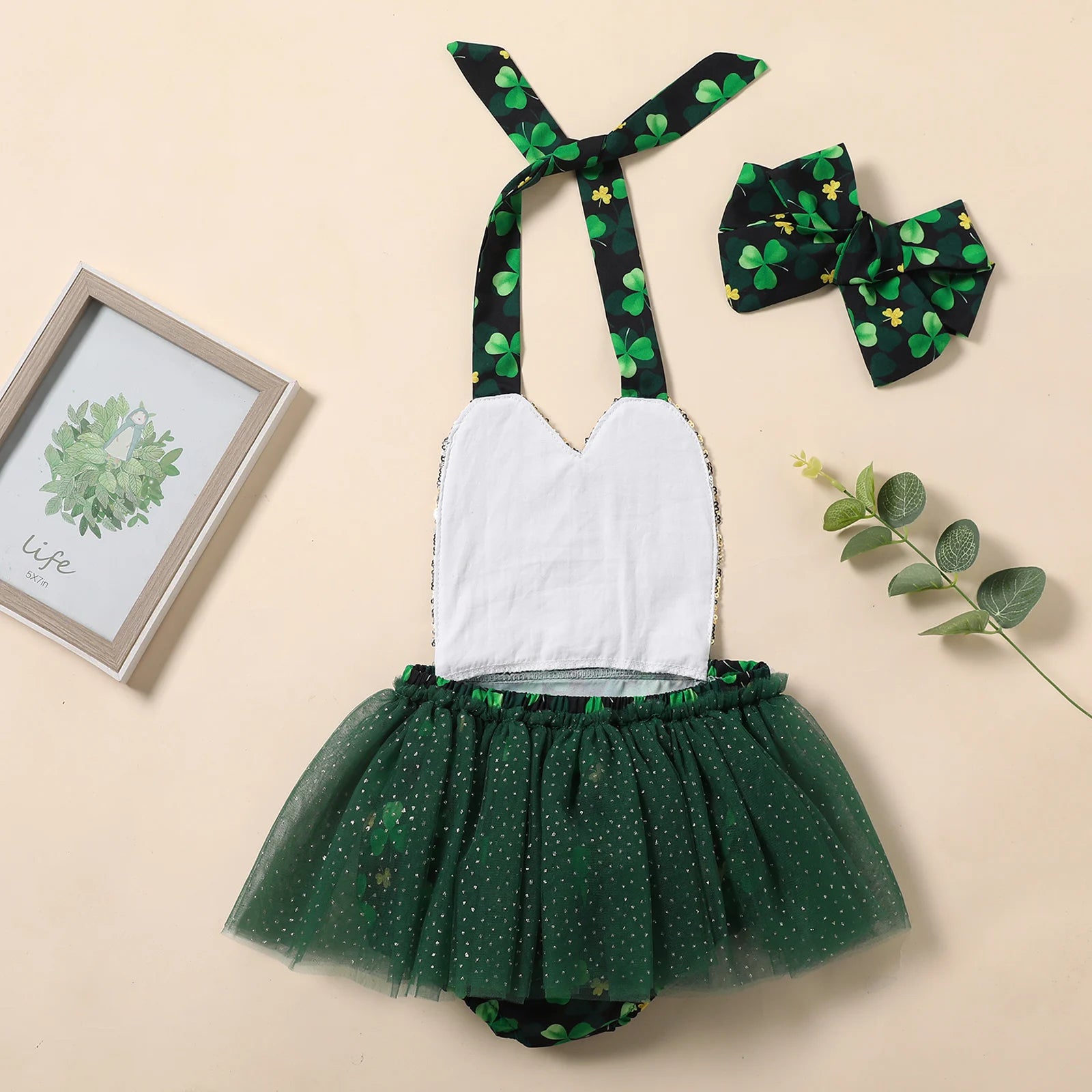 Pageant Baby Girl Romper Tutu Dress with Bow Hairband, St. Patricks Day Outfit Green Clovers