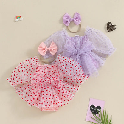 Valentine's Day Infant Outfit with Bow Headband, Long Puff Sleeve Mesh Tulle Romper Dress