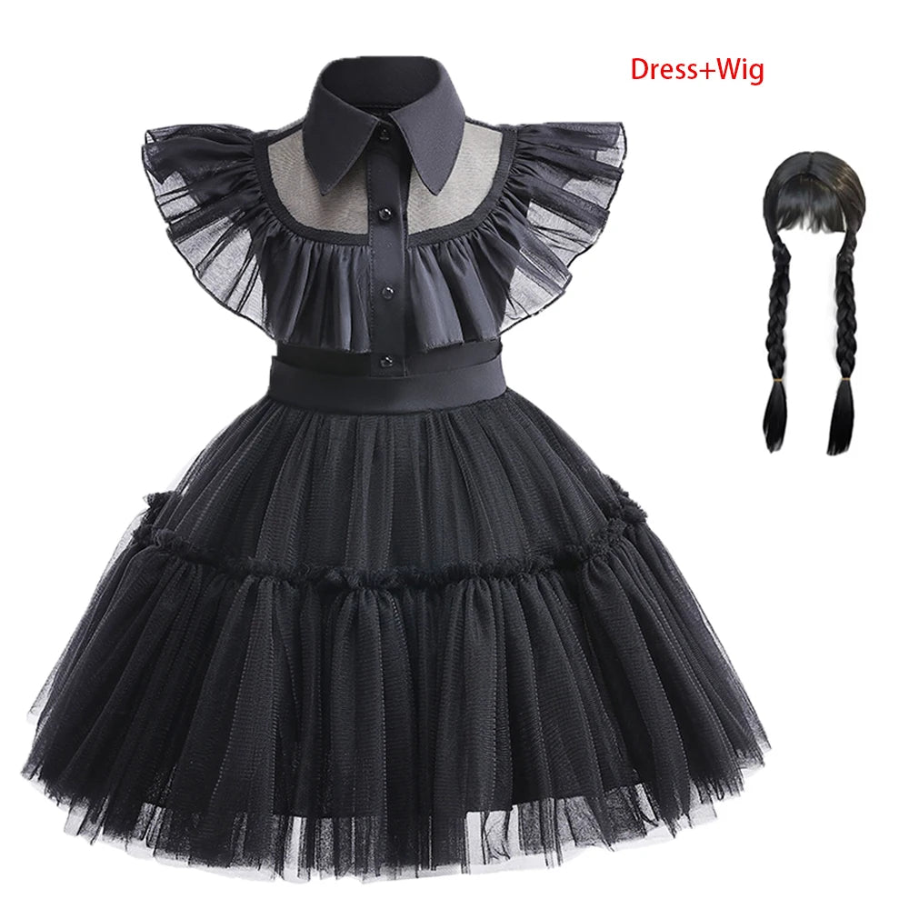 Wednesday Addams Dance Short Dress with wig, Cosplay Black Birthday or Halloween Toddler Girls Costume