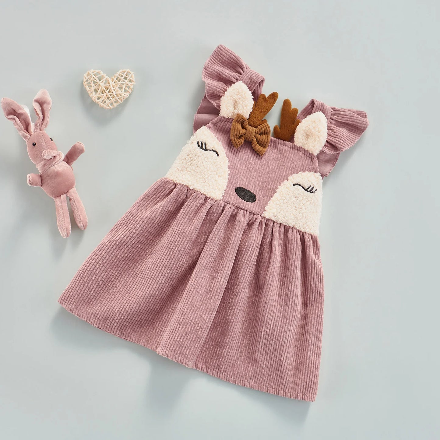 Pink Baby Girl Velvet Dress Apron, Xmas Deer Toddler Outfit, Forest Woodland Birthday