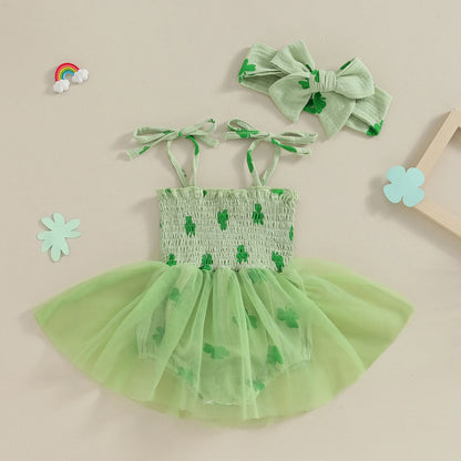 Green Baby Girl Romper with Tulle Tutu Skirt for St. Patrick's Day Newborn Photoshoot, sundress with headband