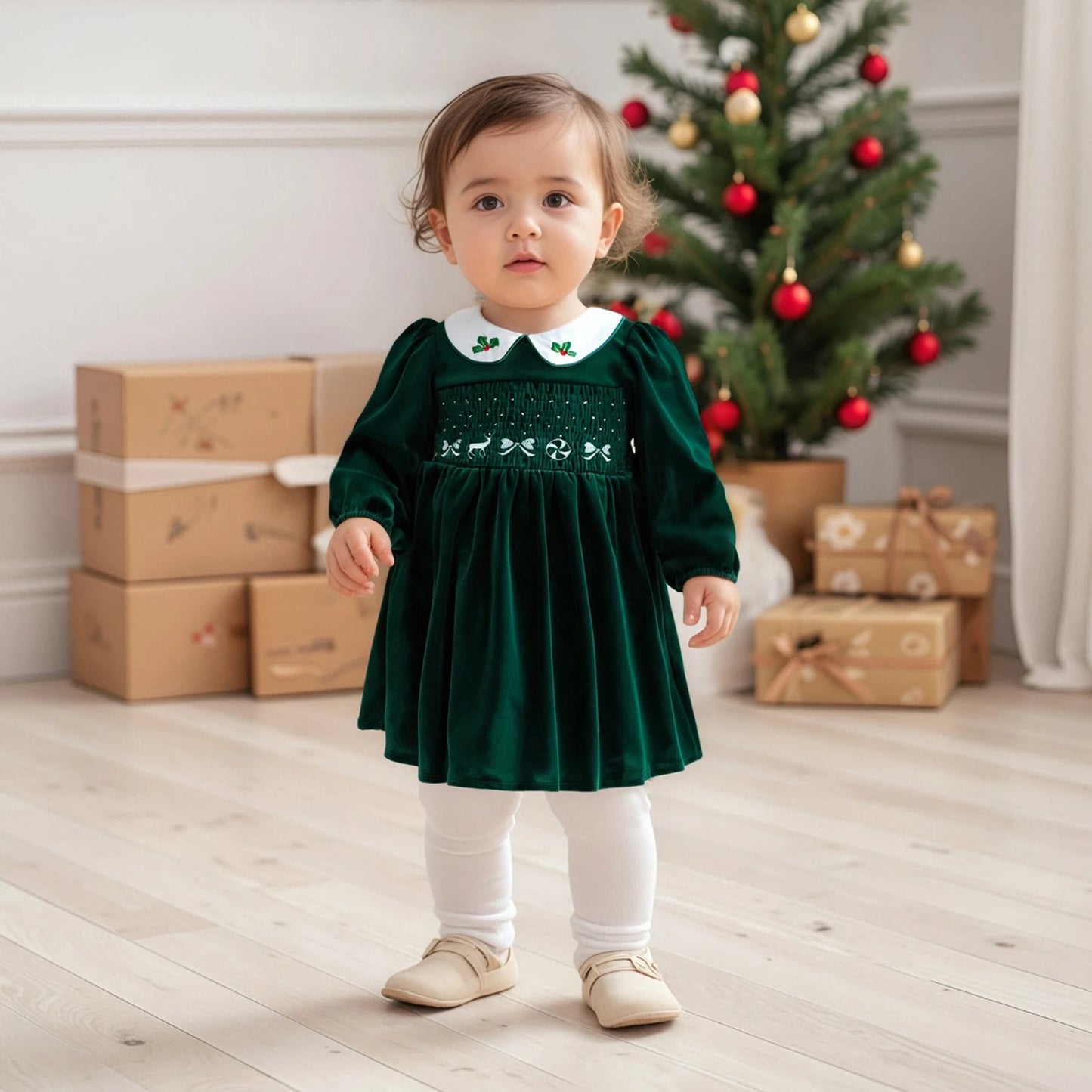 Christmas Girls Dress with Stockings: Emerald Green Velvet Smocked Retro Dress with Embroidery for Toddler Girl, Winter Xmas Holiday Outfit