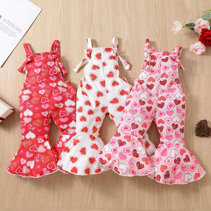 Bell Bottoms Baby Girl Overall with Hearts Print, Valentine's Day Outfit for Toddler and Kids