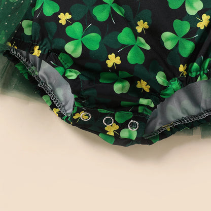 Pageant Baby Girl Romper Tutu Dress with Bow Hairband, St. Patricks Day Outfit Green Clovers