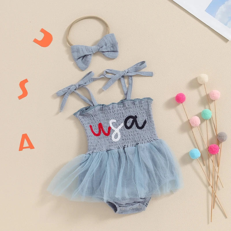 First Independence Day Baby Girl Dress Romper, Summer Tulle Dress + Headband for 4th of July Photoshoot