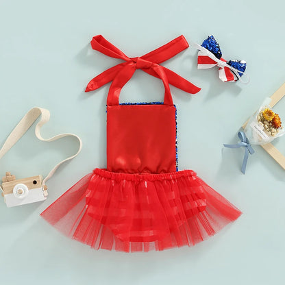 Infant Sequin Patriotic Romper Dress for Independence Day Baby Girl Pageant, Stars & Striped