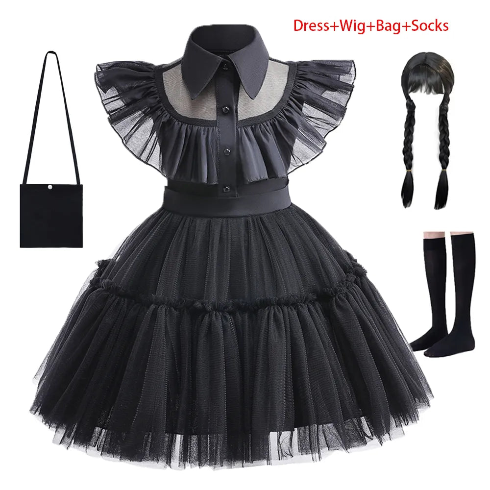 Wednesday Addams Dance Short Dress with wig, Cosplay Black Birthday or Halloween Toddler Girls Costume