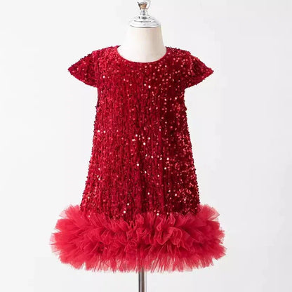 Toddler Girl Christmas Red Dress - Sparkle Sequin & Fluffy Tulle Ruffles