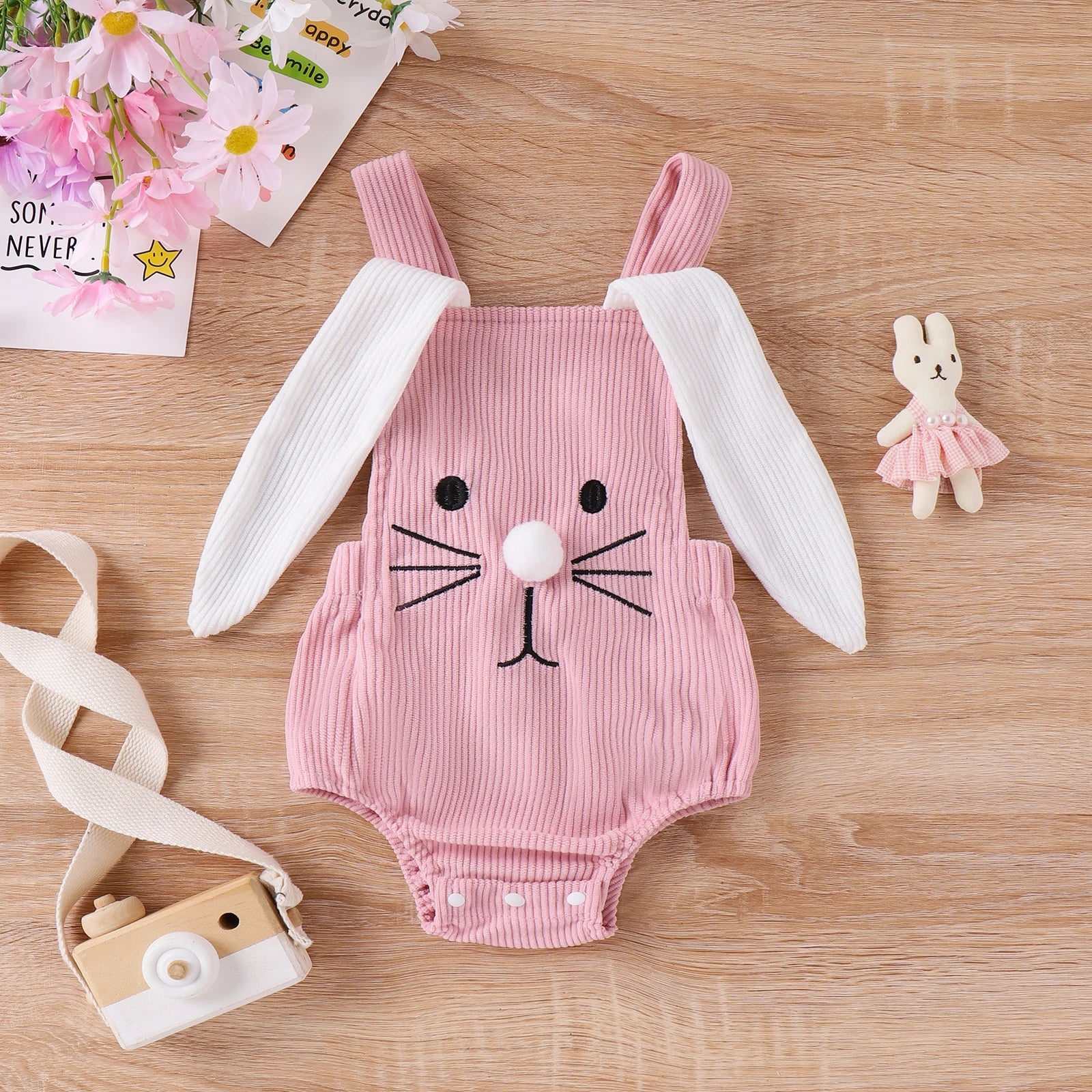 Cute Easter Bunny Baby Girls and Boys Romper, Infant Velveteen Jumpsuit for Newborn and Toddler, Pink