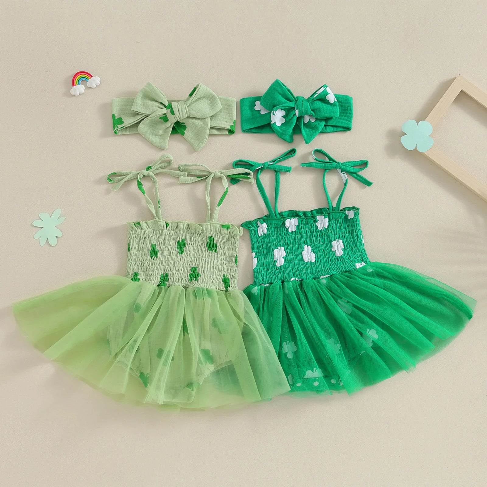 Green Baby Girl Romper with Tulle Tutu Skirt for St. Patrick's Day Newborn Photoshoot